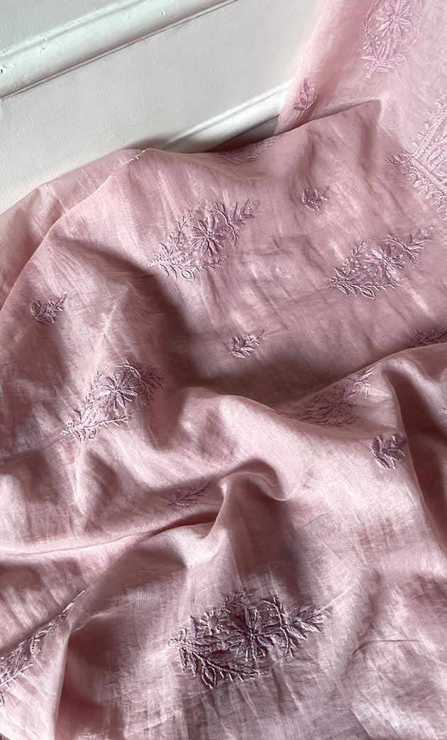 Women's Lakhnavi Handcrafted Mul Chanderi Unstitched Chikankari Full Suit Material - HONC0319532