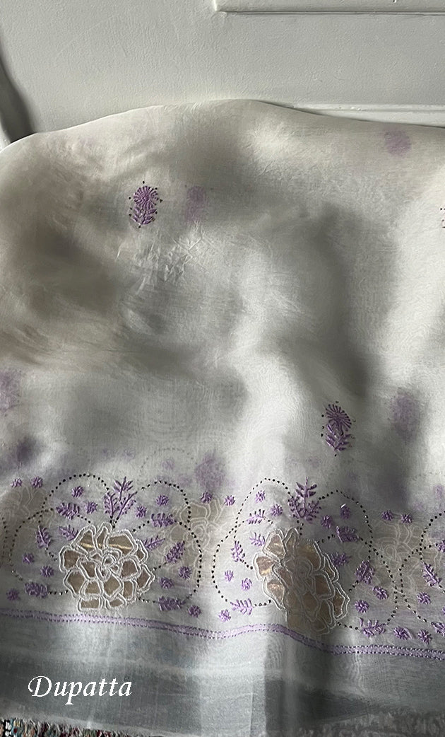 Women's Lakhnavi Handcrafted Pure Organza Chikankari Unstitched Kurta And Dupatta Set- HONC0336955