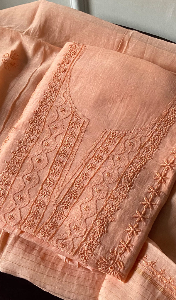 Women's Lakhnavi Handcrafted Mul Chanderi Semi - Stitched Kurta And Dupatta Set - HONC0226783