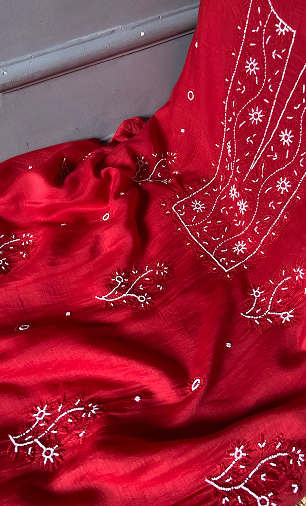 Women's Lakhnavi Handcrafted Mul Chanderi Unstitched Chikankari Full Suit Material -HONC0272784