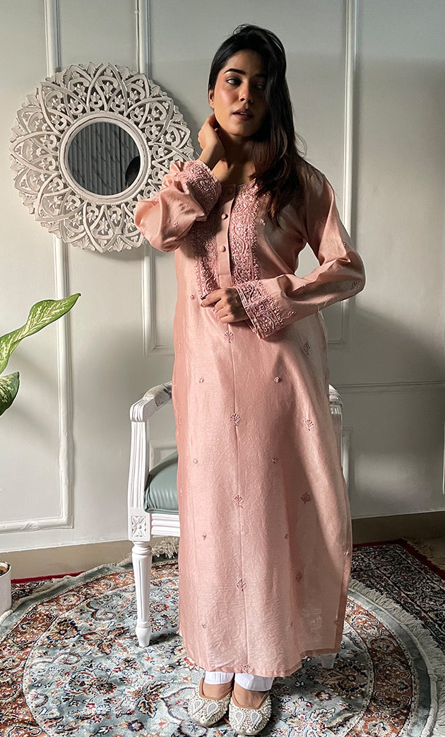 Women's Lucknowi Handcrafted Chanderi Silk Chikankari Kurti - HONC0318772