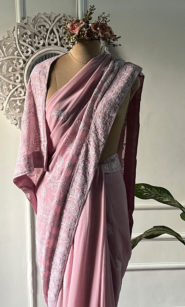 Women's Lakhnavi Handcrafted Pure Silk Georgette Chikankari Saree - HONC0330945