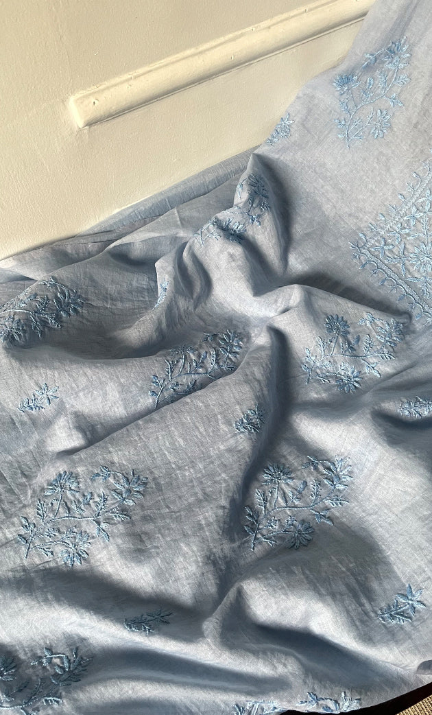 Women's Lakhnavi Handcrafted Mul Chanderi Unstitched Chikankari Full Suit Material - HONC0319533