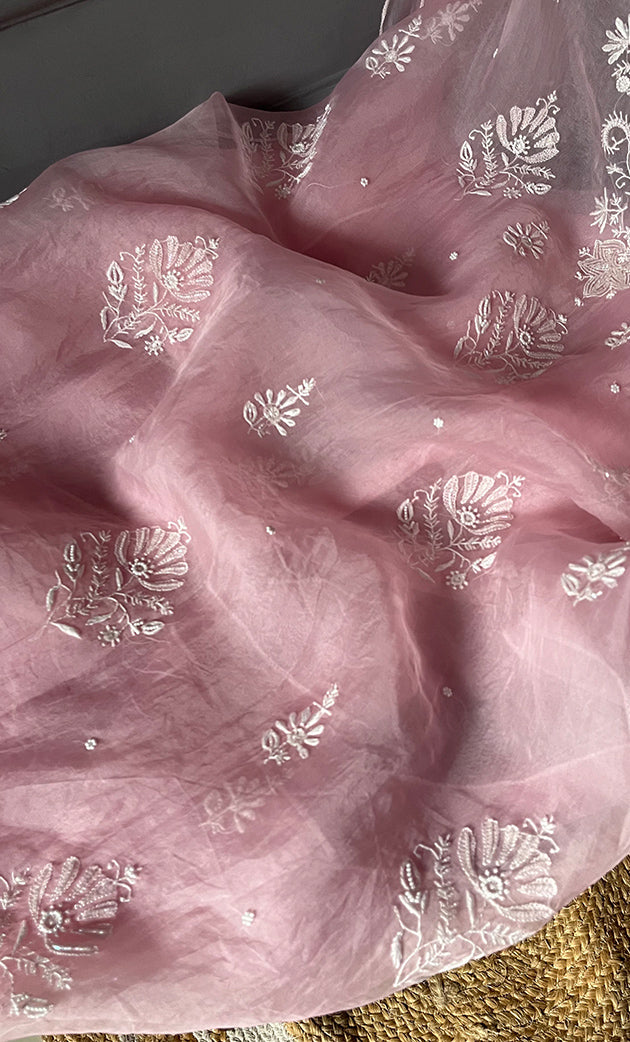 Women's Lakhnavi Handcrafted Pure Organza Chikankari Semi - stitched Kurta And Dupatta Set- HONC0307953