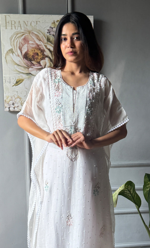 Rabia Women's Lucknowi Handcrafted Mul chanderi Chikankari Kaftan - HONC0301648