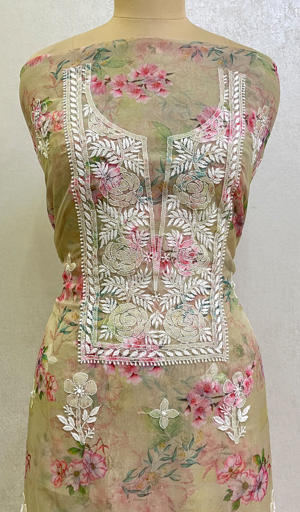 Women's Lakhnavi Handcrafted Organza Chikankari Unstitched Kurti Fabric - HONC0165662
