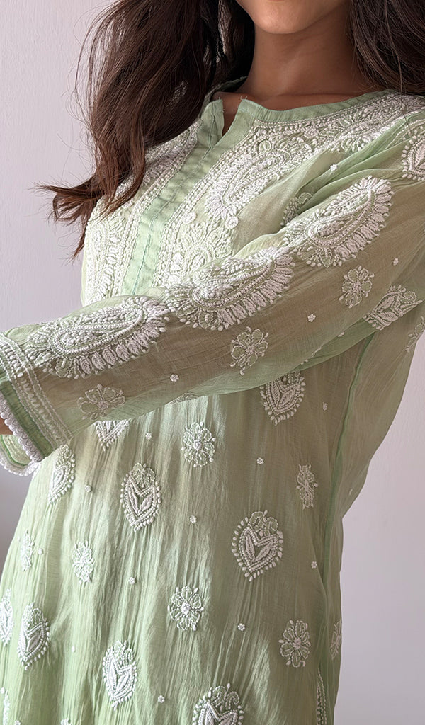Women's Lucknowi Handcrafted Mul Chanderi Stitched Chikankari Kurta And Plazzo Set- HONC0378791