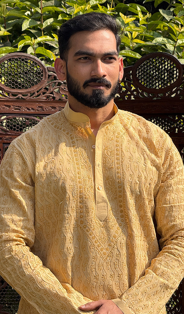 Men's Lucknowi Handcrafted Cotton Chikankari Kurta - HONC0123585