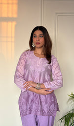 Anika Women's Lucknowi Handcrafted Chanderi Silk Chikankari Top with Farshi Salwar Set .