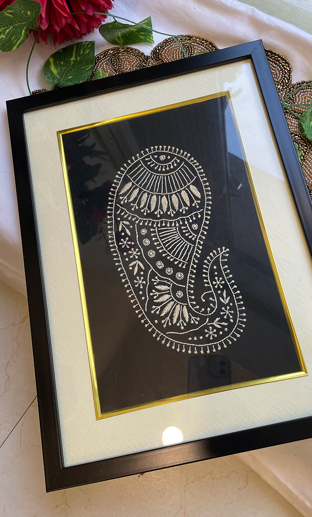 Premium Chikankari Art Wall Frame – Black & Gold (15 x 11 Inch) - HONC0269467