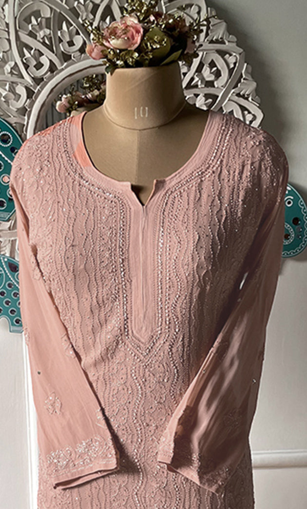 Yusra Women's Lakhnavi Handcrafted Viscose Georgette Chikankari Kurti- HONC0333808