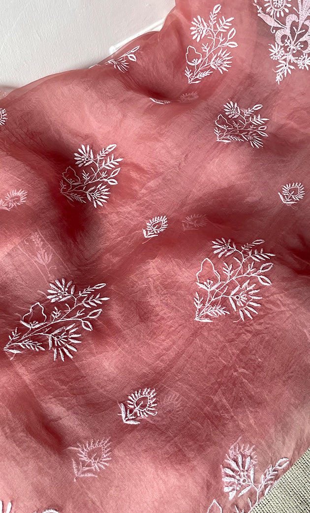 Women's Lakhnavi Handcrafted Pure Organza Chikankari Unstitched Kurta And Dupatta Set- HONC031470