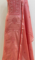 Load image into Gallery viewer, Women&#39;s Lakhnavi Handcrafted Tissue Chanderi Chikankari Kurta Dupatta Set - HONC0203307
