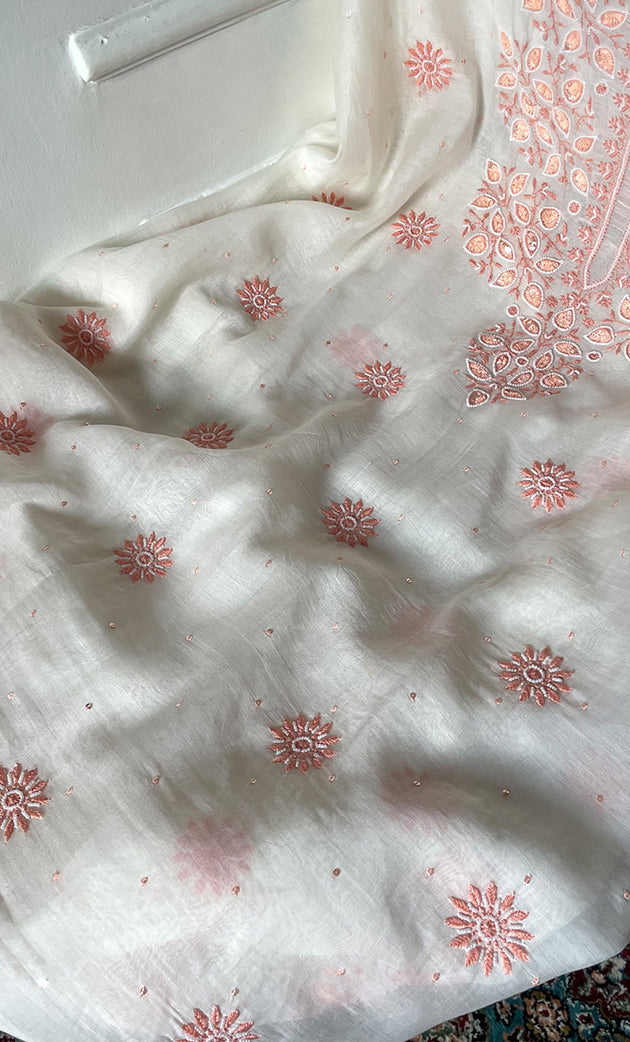 Women's Lakhnavi Handcrafted Unstitchd Mul Chanderi Kurta And Dupatta Set - HONC0317812