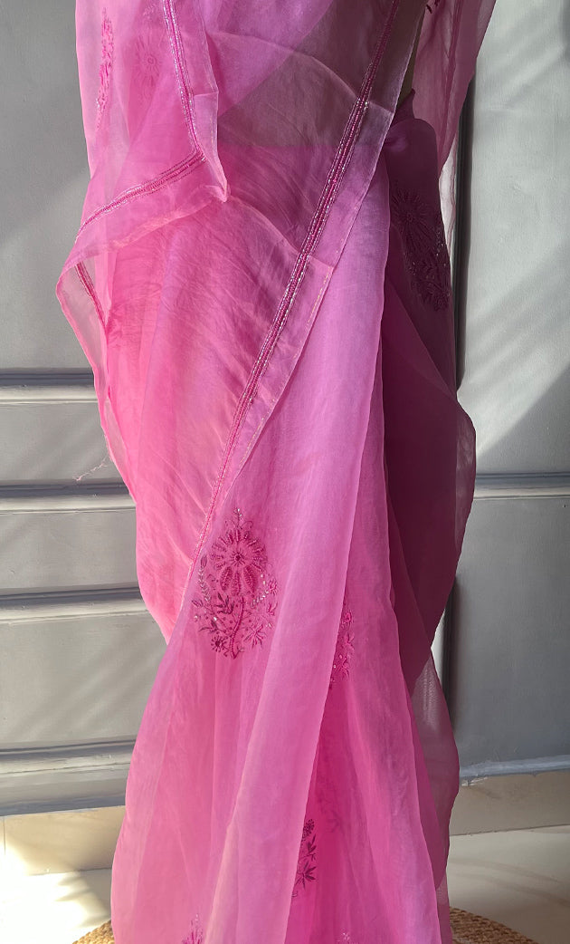Women's Lucknowi Handcrafted Pure Organza Silk Chikankari Saree - HONC0270898