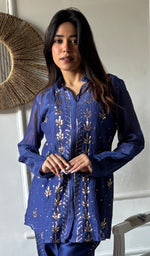 Load image into Gallery viewer, Emma Women's Lucknowi Handcrafted Mul Chanderi Stitched Chikankari Kurta And Plazzo Set- HONC0338383