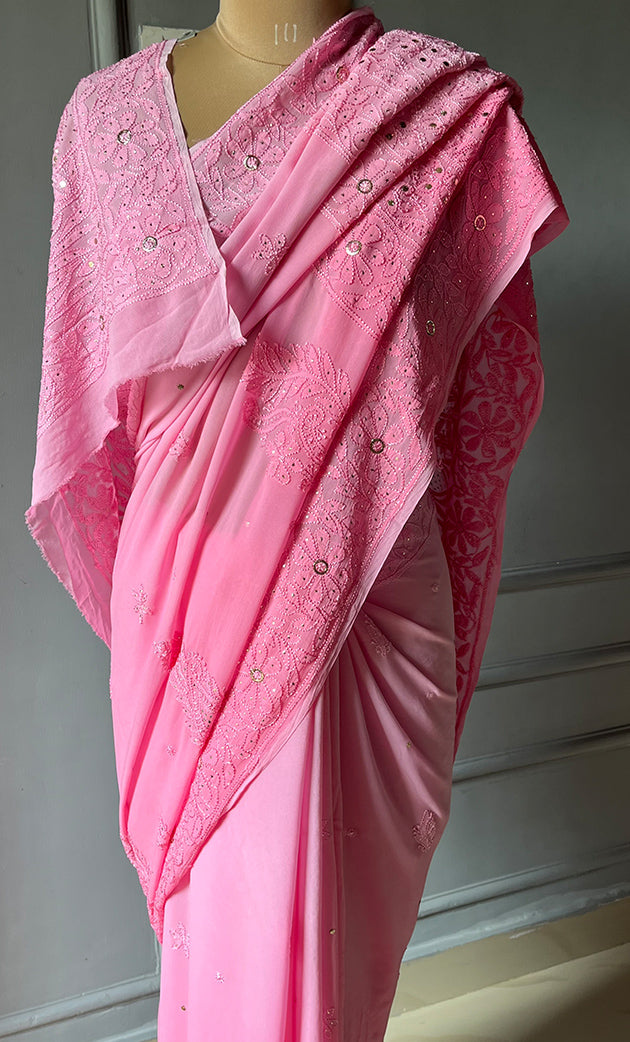 Women's Lakhnavi Handcrafted Viscose Georgette Chikankari Saree - HONC0271072