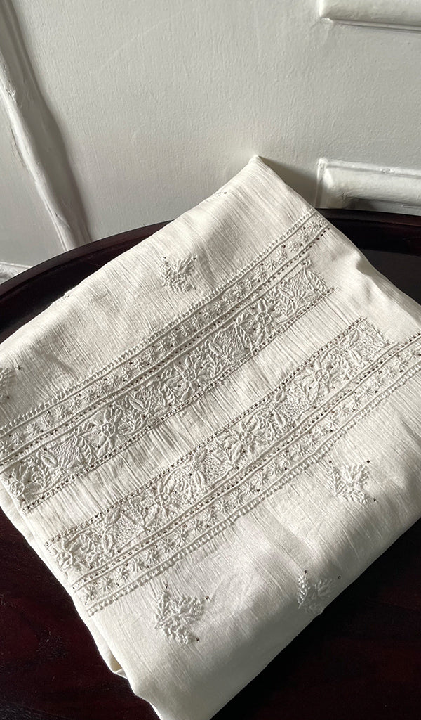 Women's Lucknowi Handcrafted Chanderi Silk Unstitched Chikankari Kurta and Dupatta Set- HONC0276219