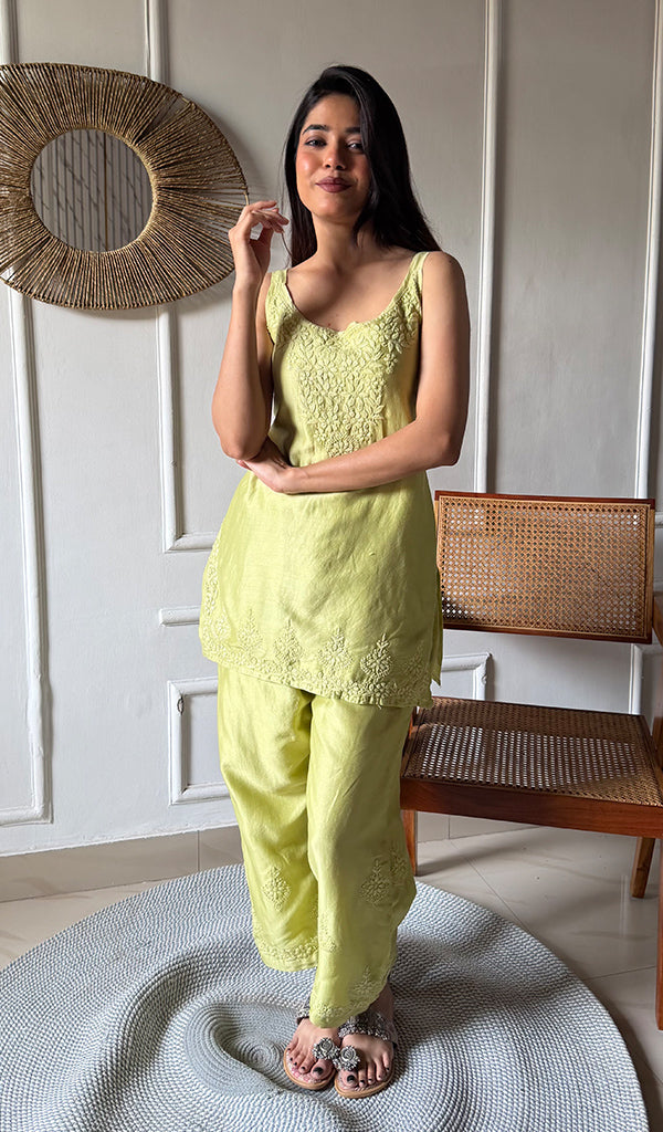 Amreena Women's Lakhnavi Handcrafted Chanderi Silk Chikankari Top And Pant Set - HONC0344939