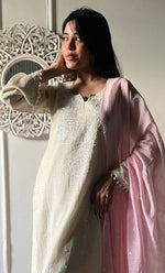 Load image into Gallery viewer, Women's Lakhnavi Handcrafted Mul Chanderi Chikankari Stitched Kurta, Dupatta And Pant Set - HONC0324259