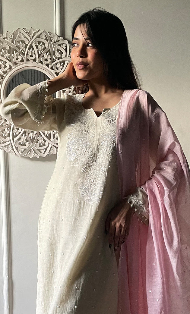 Women's Lakhnavi Handcrafted Mul Chanderi Chikankari Stitched Kurta, Dupatta And Pant Set - HONC0324259