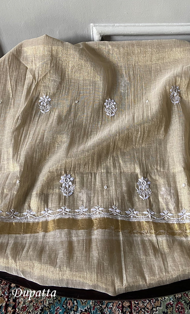 Women's Lakhnavi Handcrafted Tissue Chanderi Unstitched Chikankari Kurta And Dupatta Set - HONC0332073