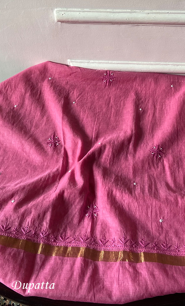 Women's Lakhnavi Handcrafted Unstitchd Mul Chanderi Kurta And Dupatta Set - HONC0310807