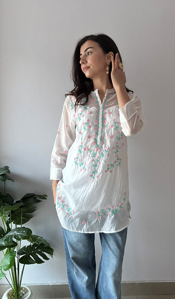 Sophia Women's Lakhnavi Handcrafted Mul Chanderi Chikankari Top - HONC0372965