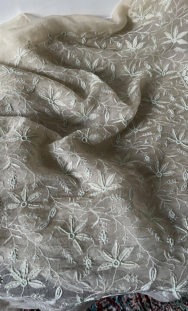 Women's Lakhnavi Handcrafted Pure Organza Chikankari Unstitched Kurta And Dupatta Set- HONC0319969