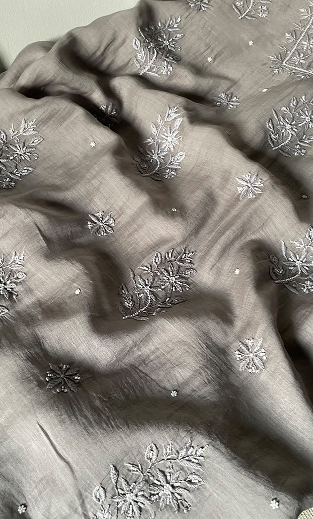Women's Lakhnavi Handcrafted Mul Chanderi Unstitched Chikankari Full Suit Material - HONC0305483