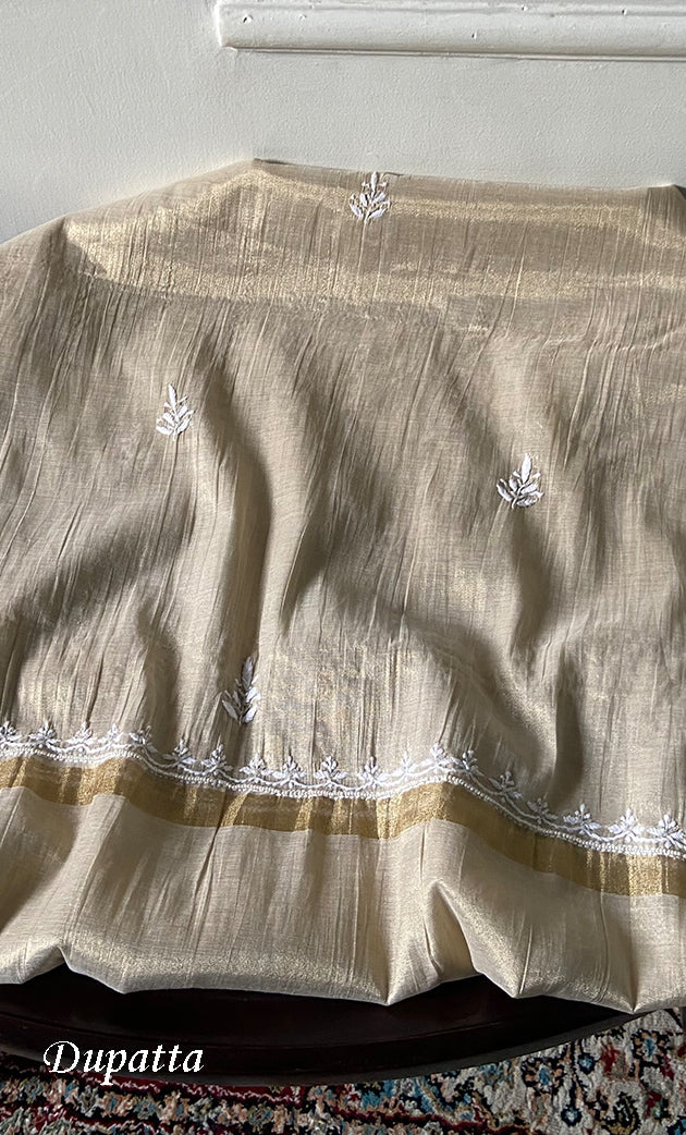 Women's Lakhnavi Handcrafted Tissue Chanderi Unstitched Chikankari Kurta And Dupatta Set - HONC0339371