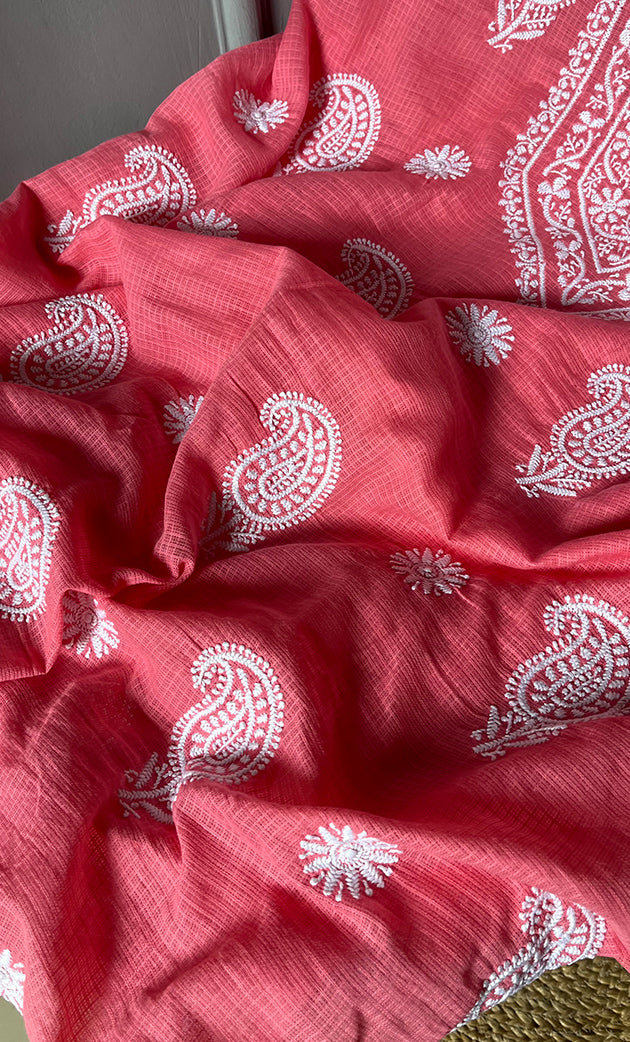 Women's Lucknowi Handcrafted Kota Cotton Chikankari Unstitched Kurta And Dupatta Set - HONC0312648