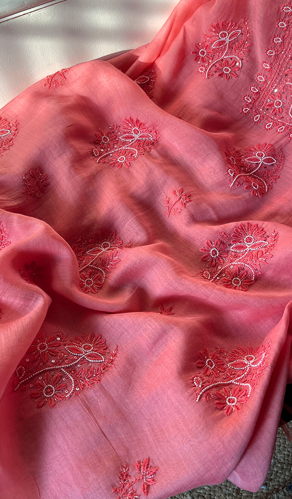 Women's Lakhnavi Handcrafted Mul Chanderi Chikankari Full Suit Material - HONC0260957