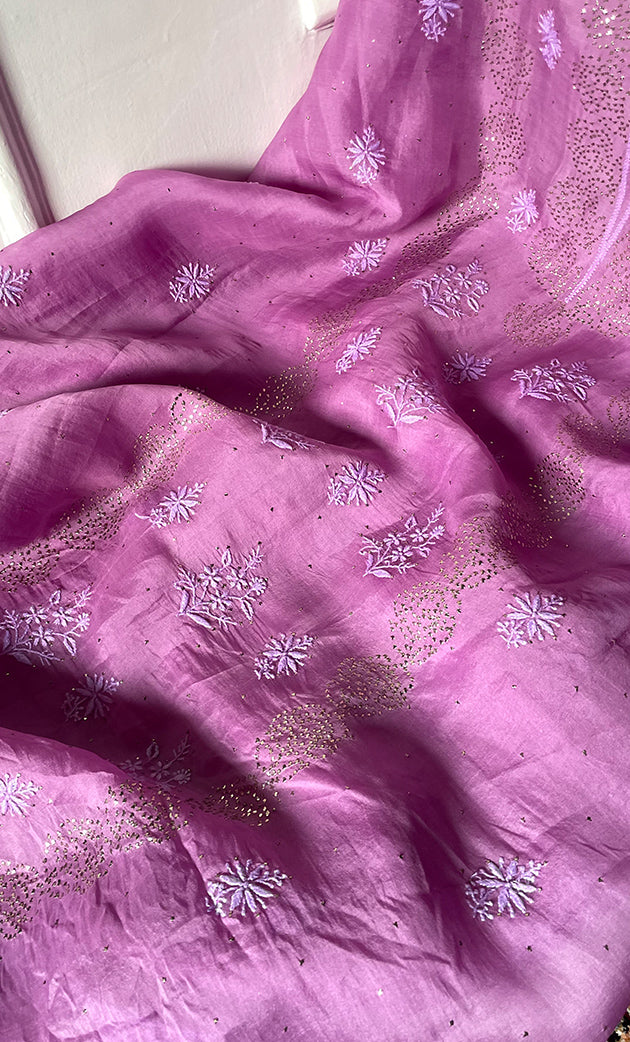 Women's Lakhnavi Handcrafted Pure Organza Chikankari Unstitched Kurta And Dupatta Set- HONC0304147