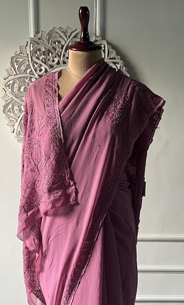 Women's Lakhnavi Handcrafted Viscose Georgette Chikankari Saree - HONC0329024