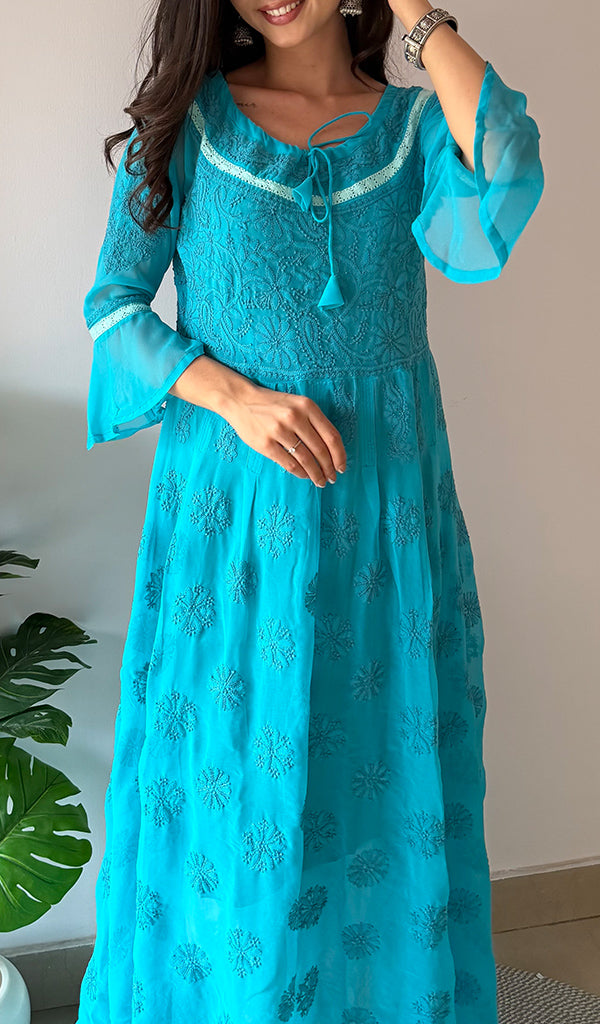 Aidah Women's Lakhnavi Handcrafted Faux-Georgette Chikankari  Anarkali Dress - HONC038898