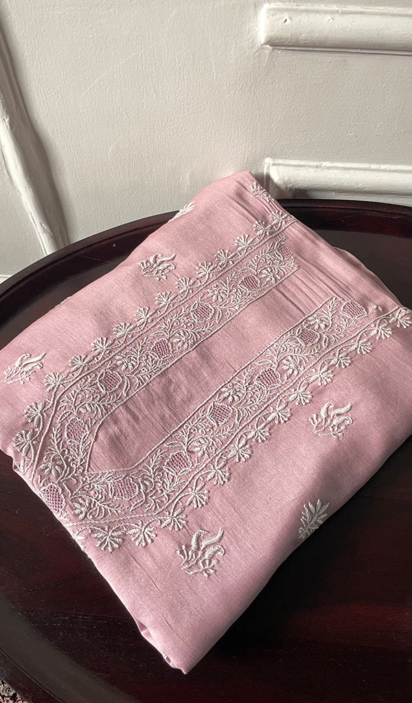 Women's Lucknowi Handcrafted Chanderi Silk Unstitched Chikankari Kurta and Dupatta Set- HONC0288466