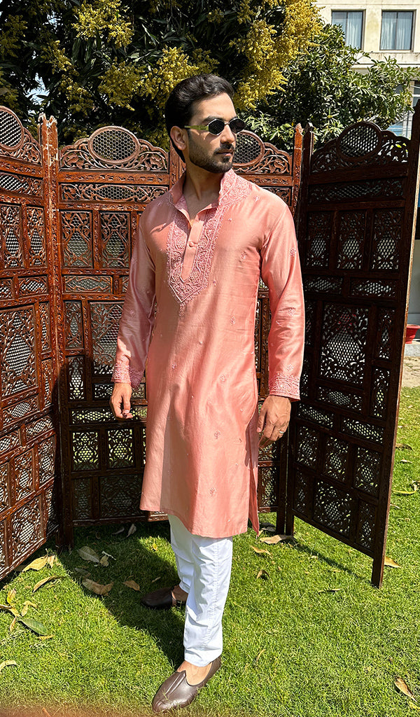 Men's Lucknowi Handcrafted Chanderi Chikankari Silk Kurta - HONC03224280
