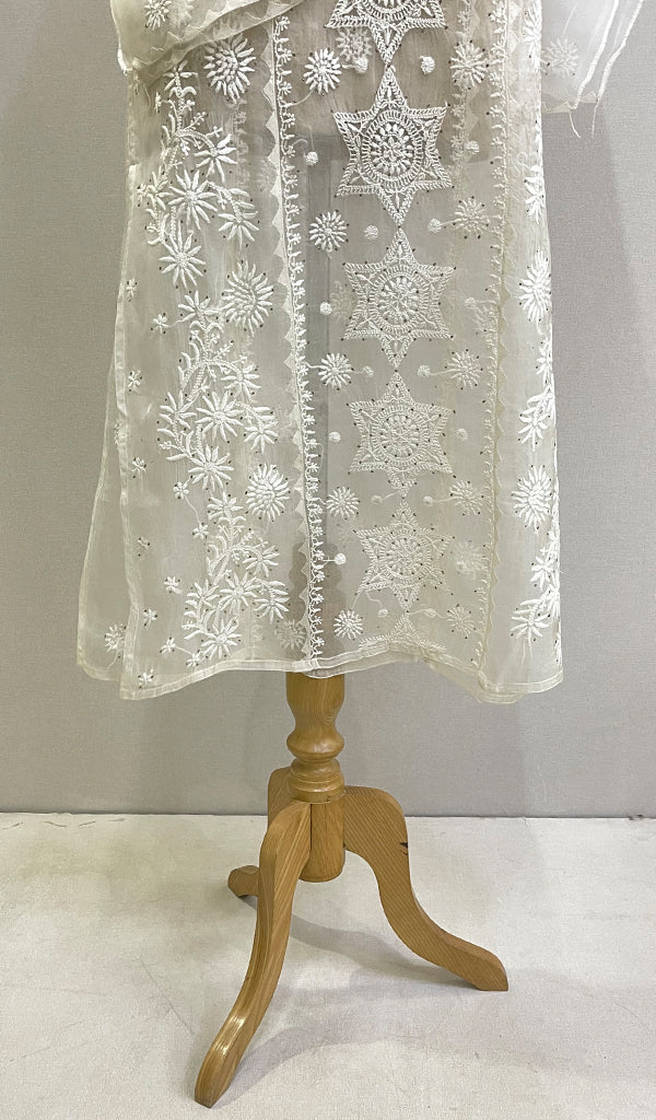 Lucknowi Handcrafted Pure Organza Silk Chikankari Semi-Stitched Kurti Fabric - HONC0215649