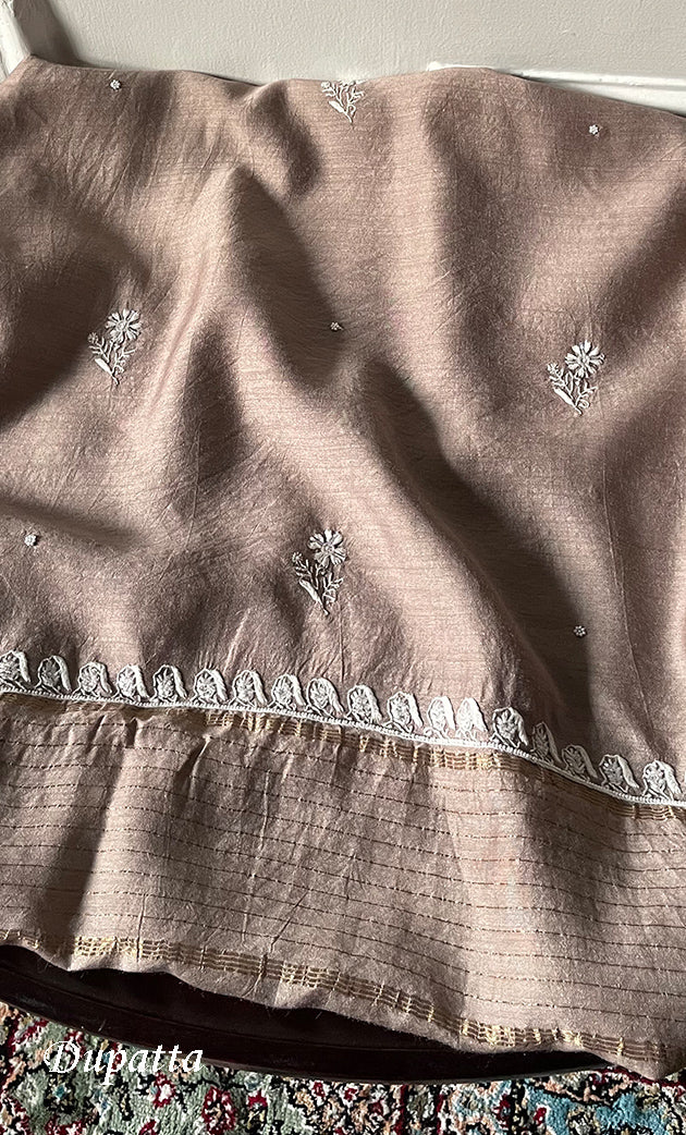 Women's Lakhnavi Handcrafted Unstitched Munga Silk Chikankari Kurta And Dupatta Set- HONC0280937