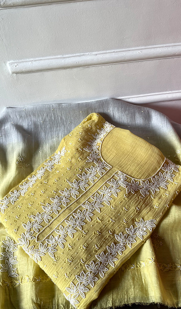 Saziya Women's Lakhnavi Handcrafted Mul Chanderi Semi - stitched Chikankari Full Suit Material - HONC0321283