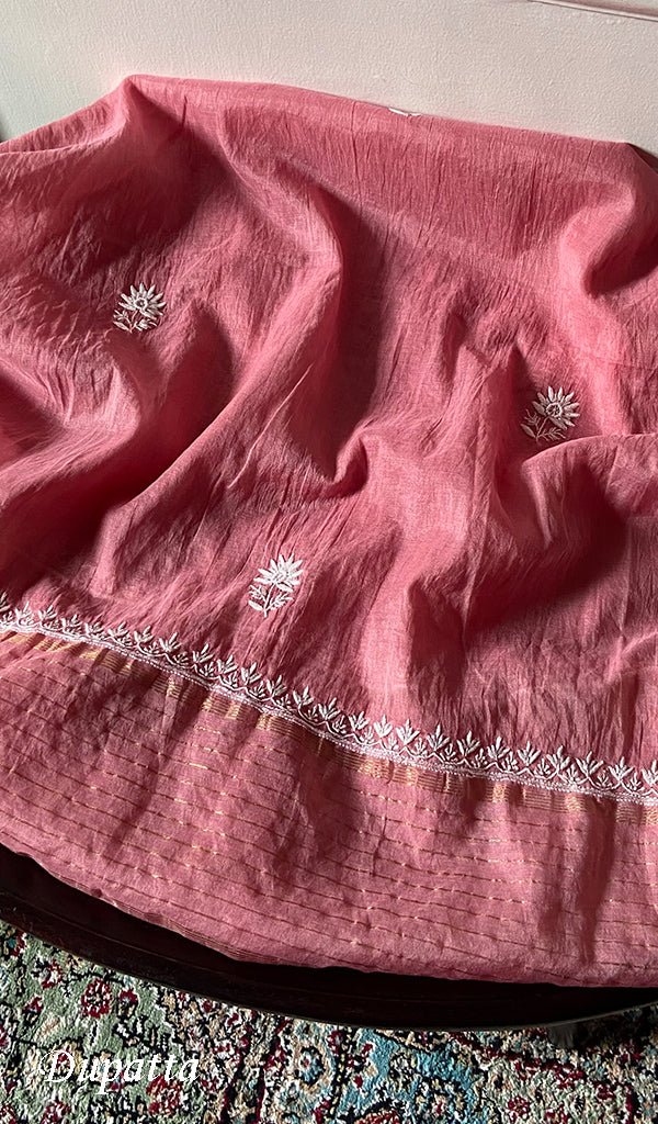 Women's Lakhnavi Handcrafted Mul Chanderi Unstitched Chikankari Full Suit Material - HONC0338252