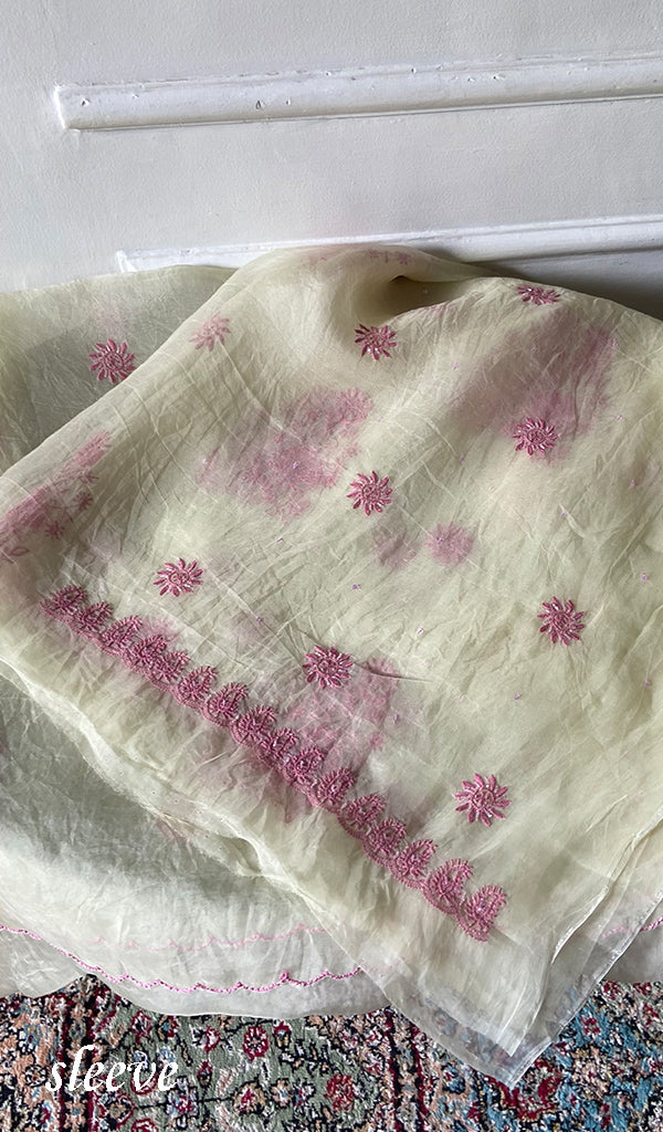 Women's Lakhnavi Handcrafted Pure Organza Chikankari Unstitched Kurta And Dupatta Set- HONC0361461