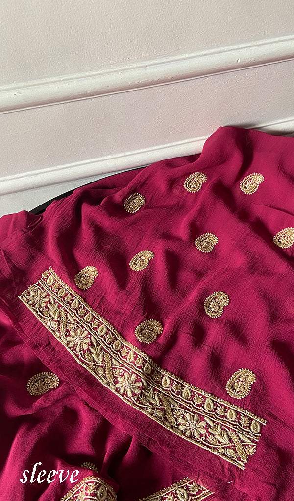 Women's Lakhnavi Handcrafted Pure Silk Georgette Chikankari Unstitched Kurta And Dupatta Set - HONC0329374