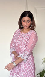 Women's Lucknowi Handcrafted Mul Chanderi Stitched Chikankari Short Kurta And Plazzo Set .
