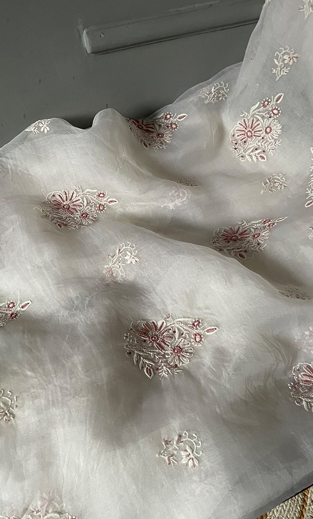 Women's Lakhnavi Handcrafted Pure Organza Chikankari Unstitched Kurta And Dupatta Set- HONC0297177