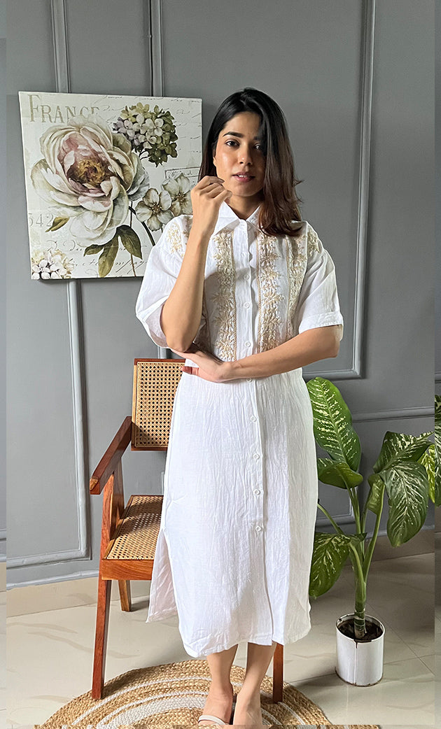 Women's Lucknowi Handcrafted Cotton Chikankari Long Dress - HONC0303394