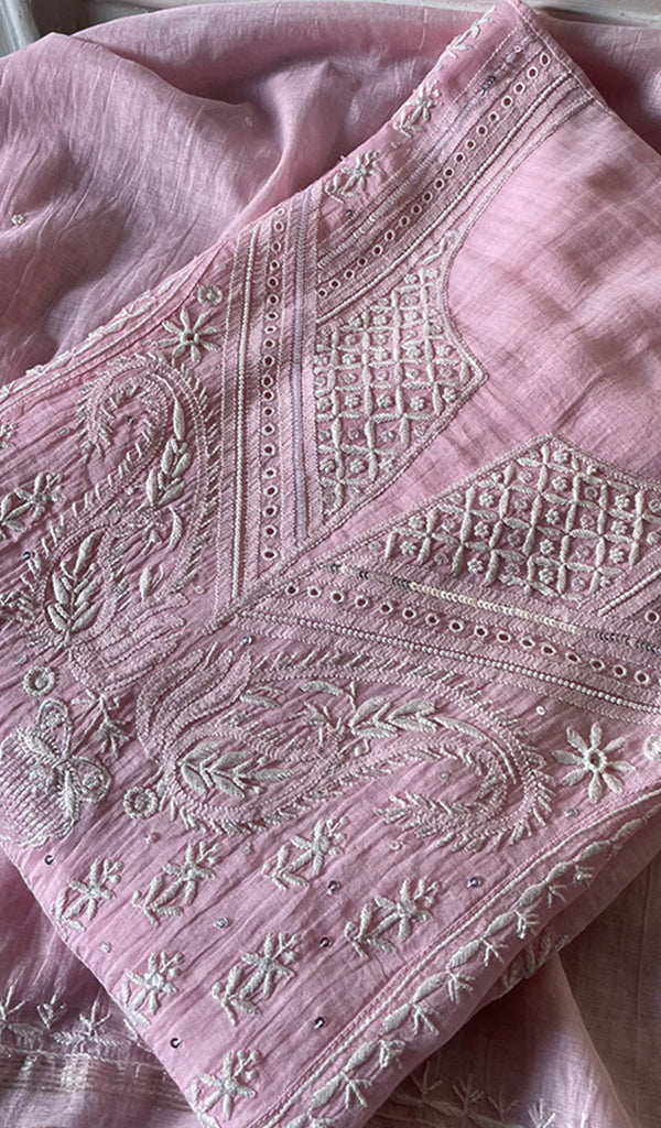 Women's Lakhnavi Handcrafted Mul Chanderi Semi - Stitched Angrakha And Dupatta Set - HONC0277641