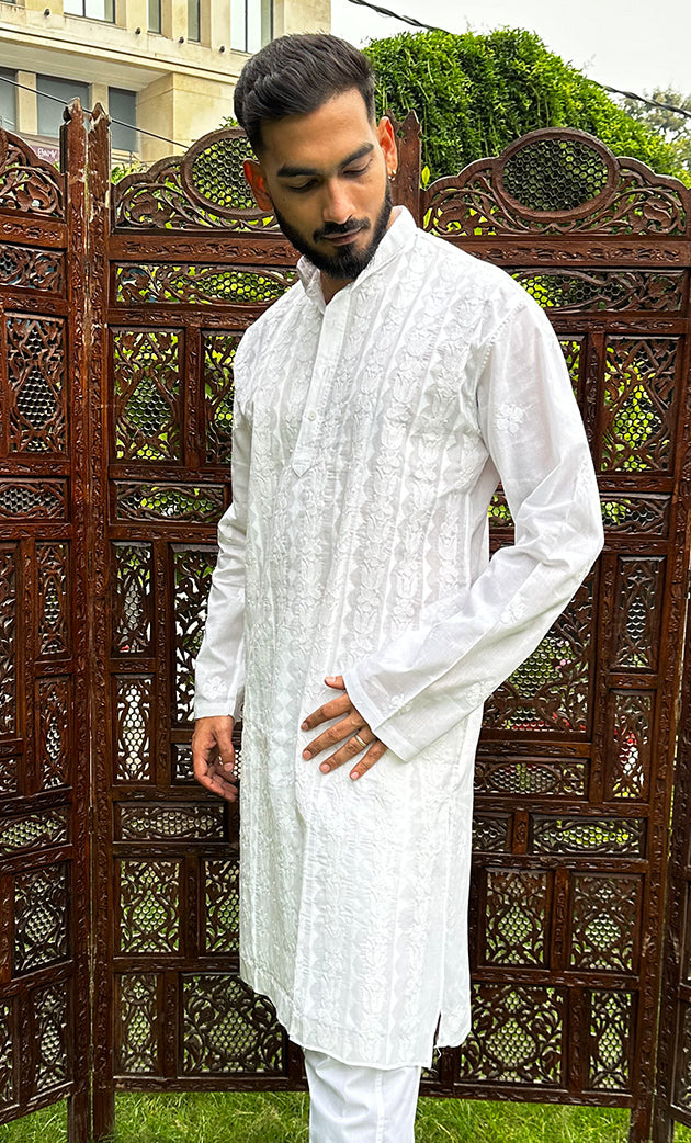 Men's Lucknowi Handcrafted Cotton Chikankari Kurta - HONC0295444