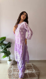 Load image into Gallery viewer, Women's Lucknowi Handcrafted Mul Chanderi Stitched Chikankari Kurta And Plazzo Set- HONC03790590